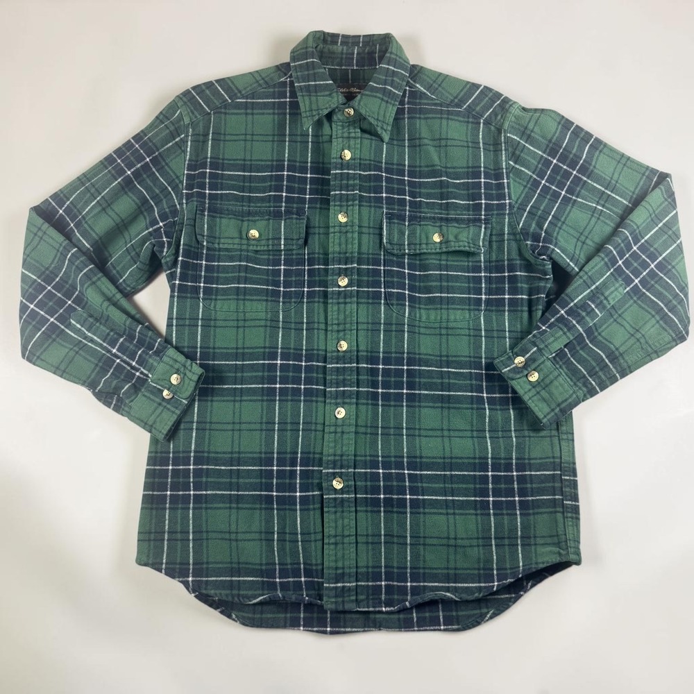 Eddie Bauer Mens Green Navy Plaid Flannel Button Down Shirt Small Cotton
